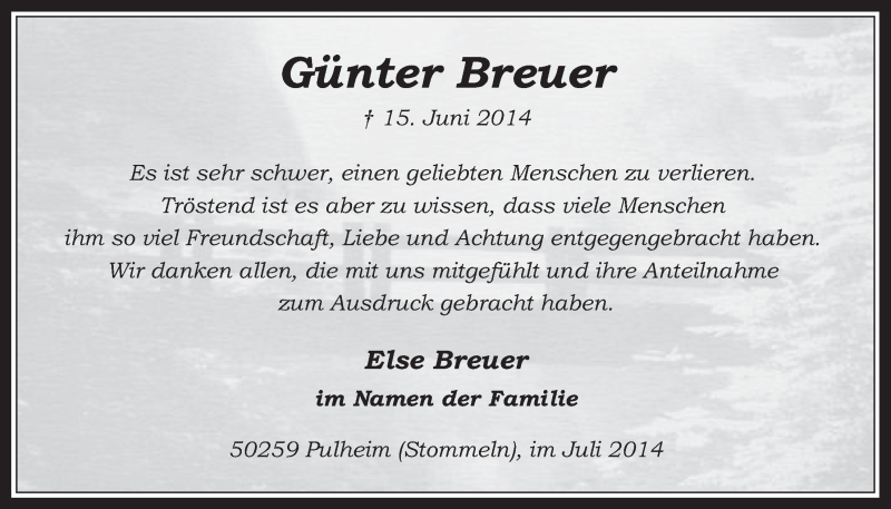  Traueranzeige für Günter Breuer vom 16.07.2014 aus  Wochenende 