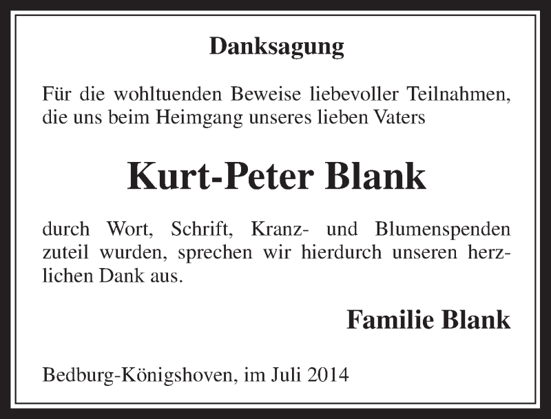  Traueranzeige für Kurt-Peter Blank vom 16.07.2014 aus  Werbepost 