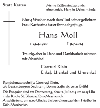 Anzeige von Hans Moll von  Schlossbote/Werbekurier 