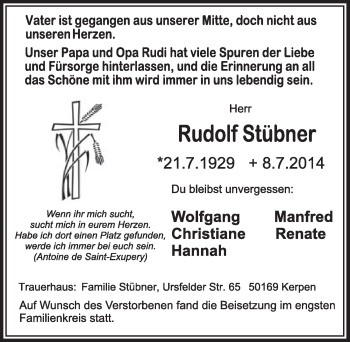 Anzeige von Rudolf Stübner von  Werbepost 