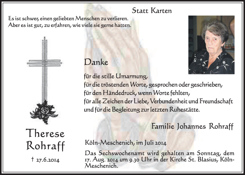  Traueranzeige für Therese Rohraff vom 16.07.2014 aus  Schlossbote/Werbekurier 
