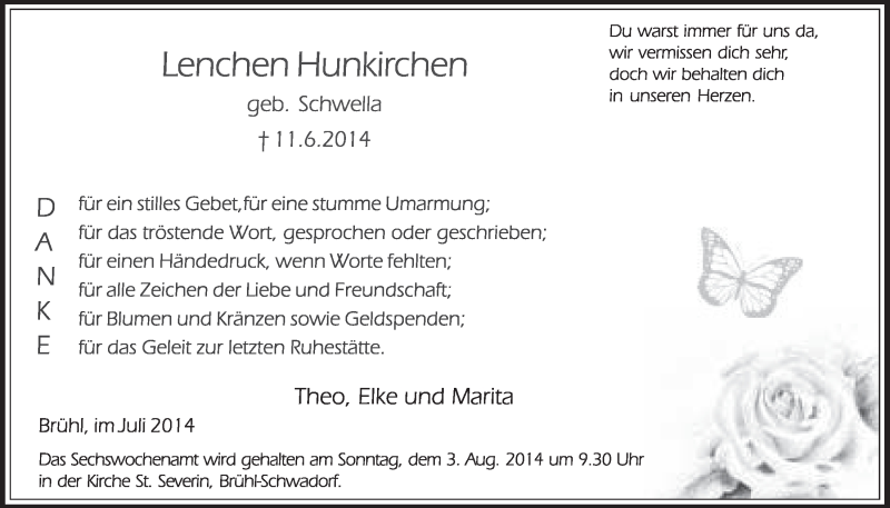  Traueranzeige für Lenchen Hunkirchen vom 16.07.2014 aus  Schlossbote/Werbekurier 