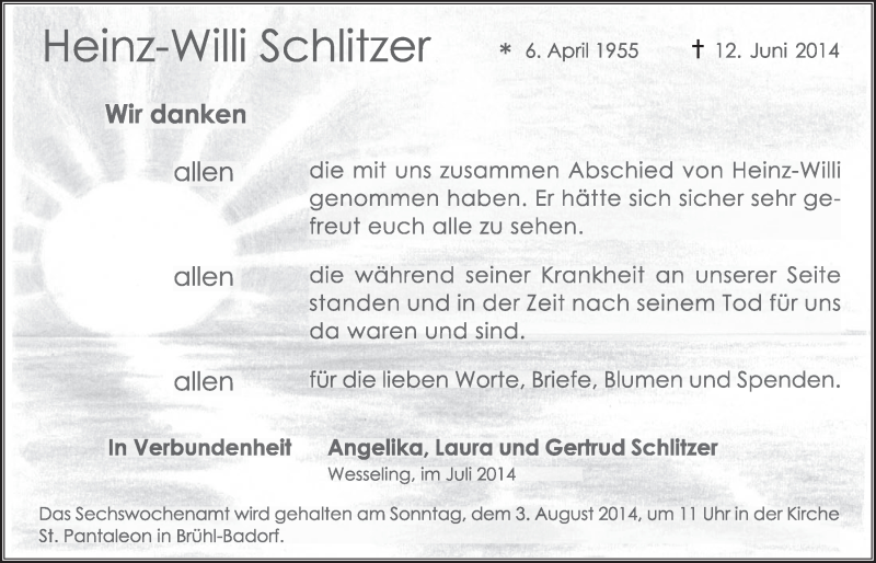  Traueranzeige für Heinz-Willi Schlitzer vom 23.07.2014 aus  Schlossbote/Werbekurier 