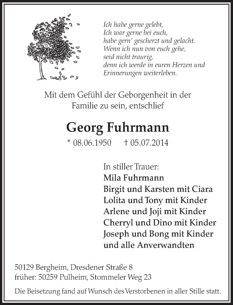  Traueranzeige für Georg Fuhrmann vom 12.07.2014 aus  Sonntags-Post 