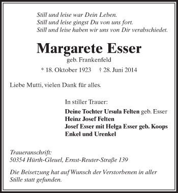 Anzeige von Margarete Esser von  Sonntags-Post 