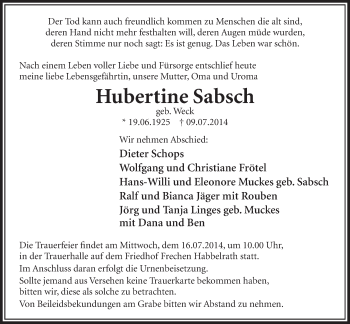 Anzeige von Hubertine Sabsch von  Sonntags-Post 