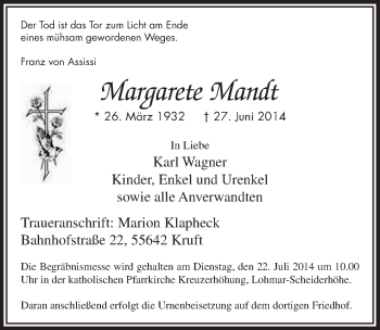 Anzeige von Margarete Mandt von  Kölner Wochenspiegel 