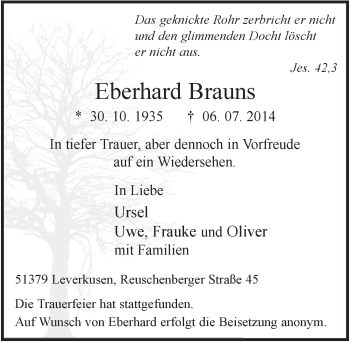 Anzeige von Eberhard Brauns von  Lokale Informationen 