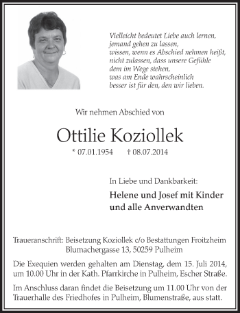 Anzeige von Ottilie Koziollek von  Sonntags-Post 