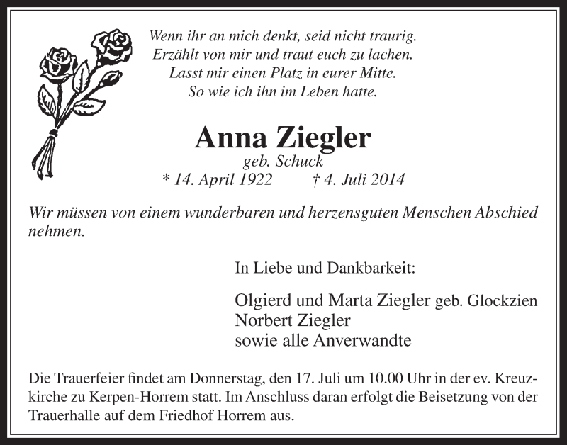  Traueranzeige für Anna Ziegler vom 16.07.2014 aus  Werbepost 