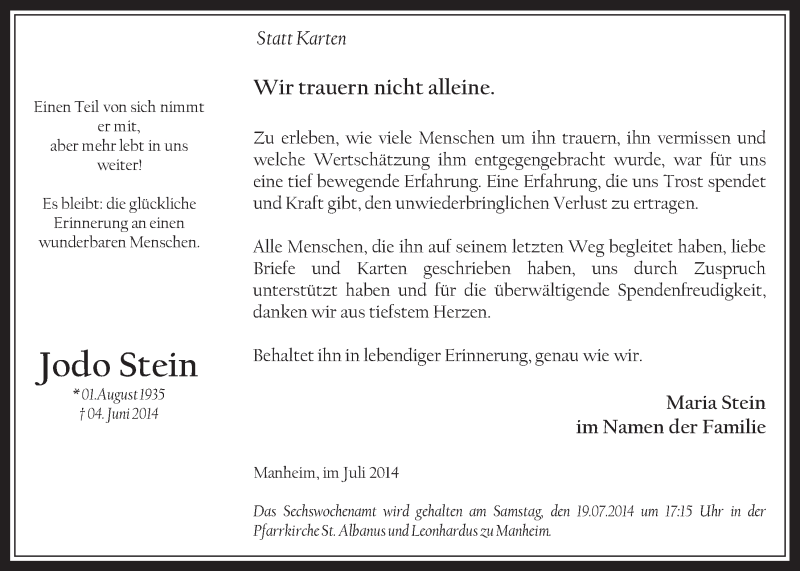  Traueranzeige für Jodo Stein vom 16.07.2014 aus  Werbepost 