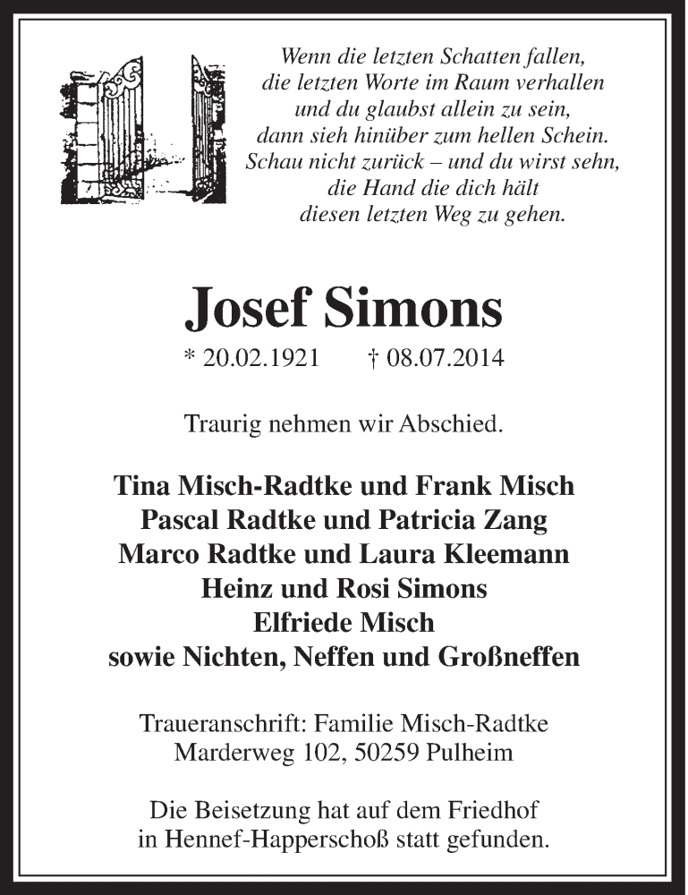  Traueranzeige für Josef Simons vom 16.07.2014 aus  Schaufenster/Blickpunkt  Extra Blatt 