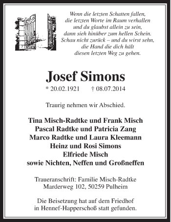 Anzeige von Josef Simons von  Schaufenster/Blickpunkt  Extra Blatt 