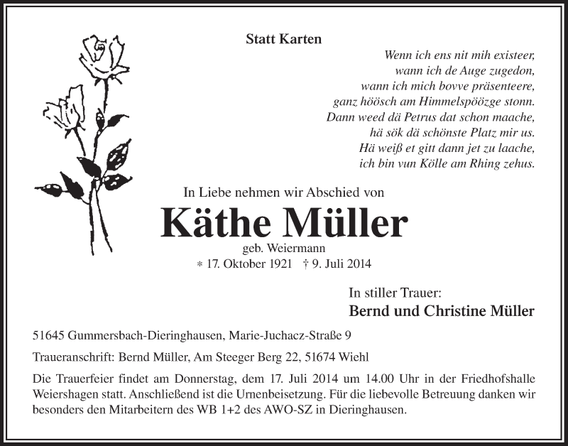  Traueranzeige für Käthe Müller vom 16.07.2014 aus  Anzeigen Echo 