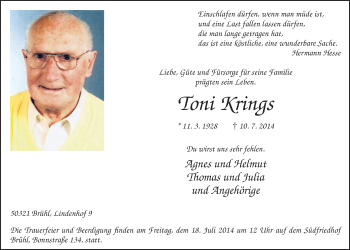Anzeige von Toni Krings von  Schlossbote/Werbekurier 