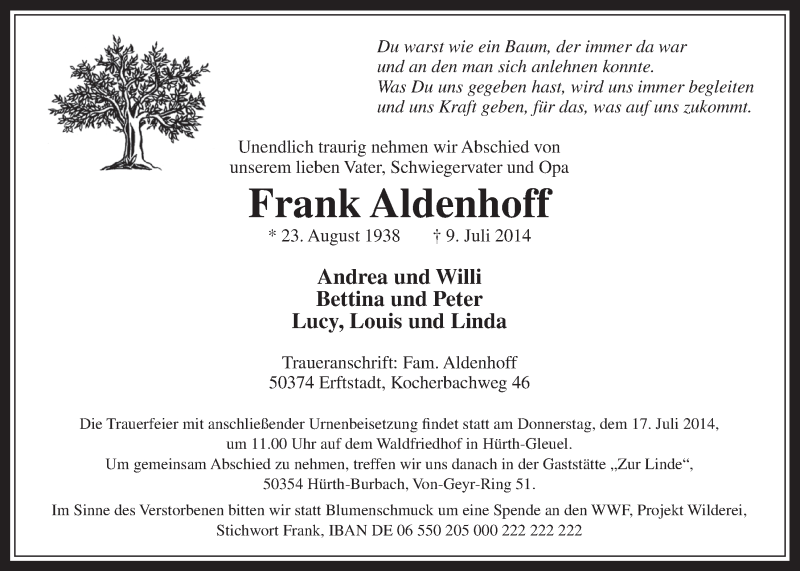  Traueranzeige für Frank Aldenhoff vom 16.07.2014 aus  Wochenende 
