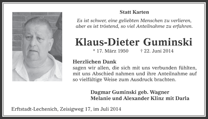  Traueranzeige für Klaus-Dieter Guminski vom 16.07.2014 aus  Werbepost 