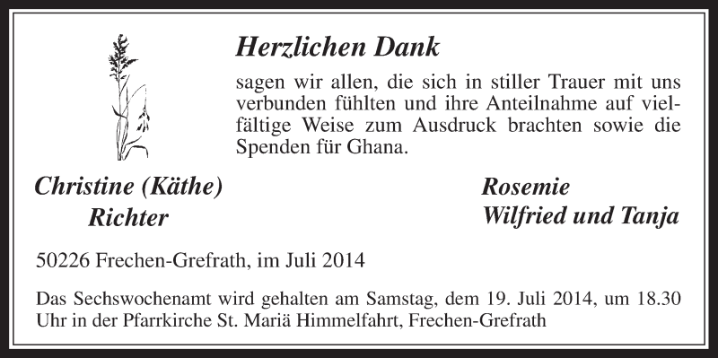  Traueranzeige für Christine Richter vom 16.07.2014 aus  Wochenende 