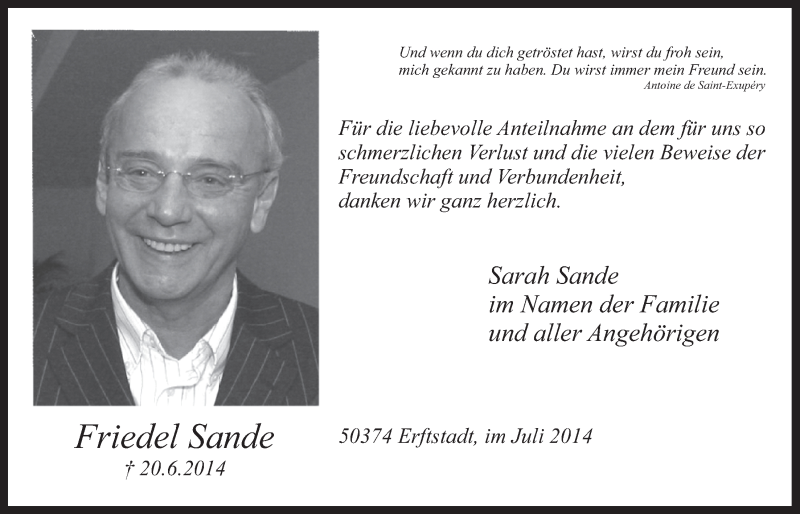  Traueranzeige für Friedel Sande vom 16.07.2014 aus  Werbepost 
