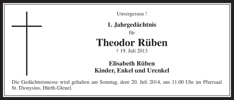  Traueranzeige für Theodor Rüben vom 16.07.2014 aus  Wochenende 