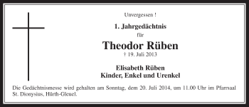Anzeige von Theodor Rüben von  Wochenende 