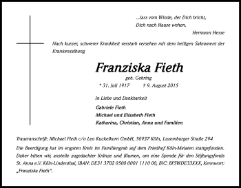Anzeige von Franziska Fieth von Kölner Stadt-Anzeiger / Kölnische Rundschau / Express