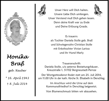 Anzeige von Monika Braß von  Anzeigen Echo 