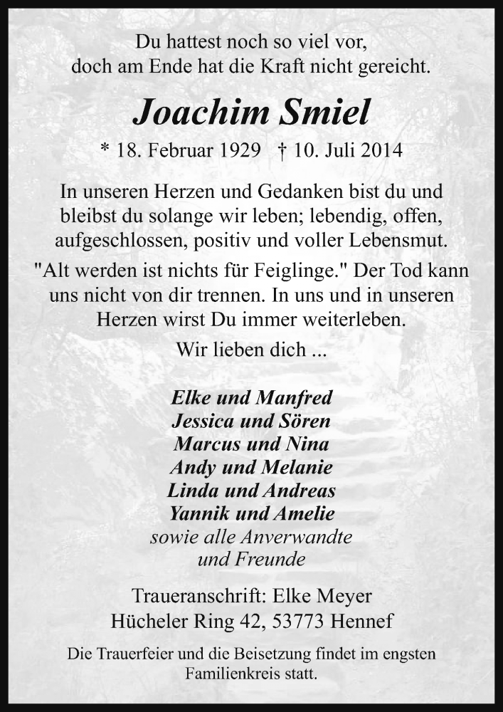  Traueranzeige für Joachim Smiel vom 16.07.2014 aus  Kölner Wochenspiegel 