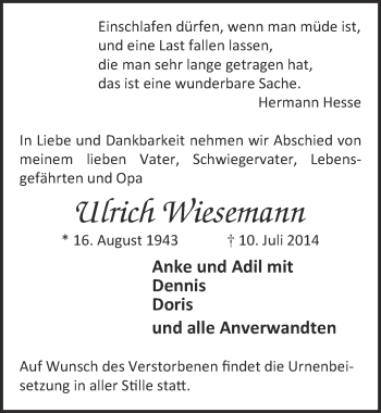 Anzeige von Ulrich Wiesemann von  Kölner Wochenspiegel 