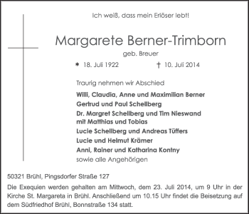 Anzeige von Margarete Berner-Trimborn von  Schlossbote/Werbekurier 
