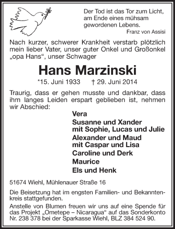 Anzeige von Hans Marzinski von  Anzeigen Echo 