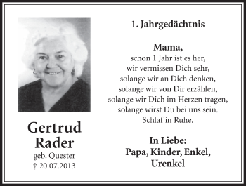 Anzeige von Gertrud Rader von  Schlossbote/Werbekurier 