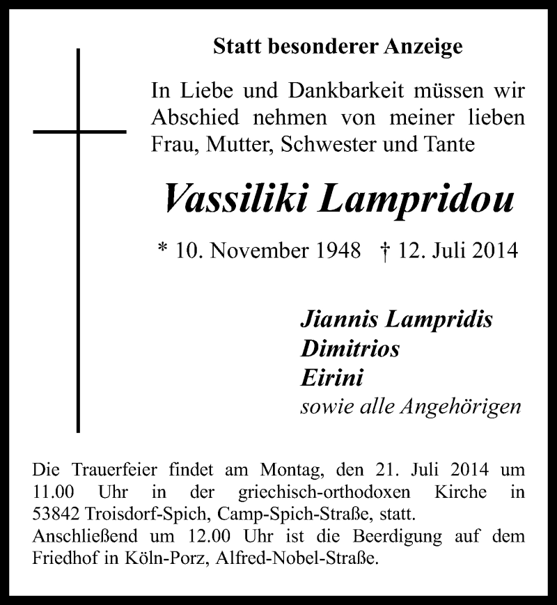  Traueranzeige für Vassiliki Lampridou vom 16.07.2014 aus  Kölner Wochenspiegel 