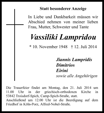 Anzeige von Vassiliki Lampridou von  Kölner Wochenspiegel 
