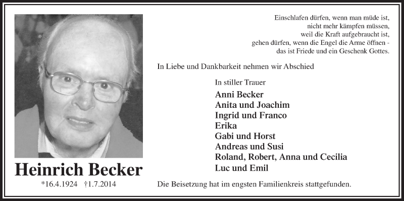  Traueranzeige für Heinrich Becker vom 16.07.2014 aus  Bergisches Handelsblatt 