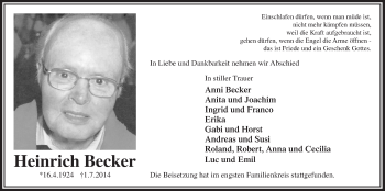 Anzeige von Heinrich Becker von  Bergisches Handelsblatt 