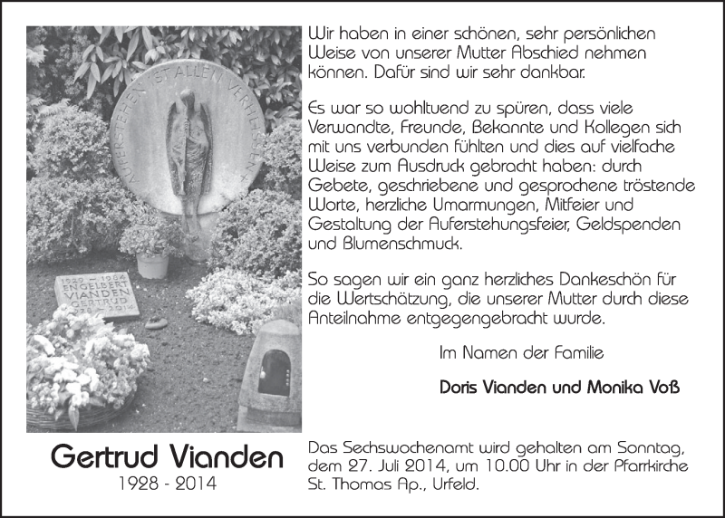  Traueranzeige für Gertrud Vianden vom 16.07.2014 aus  Schlossbote/Werbekurier 