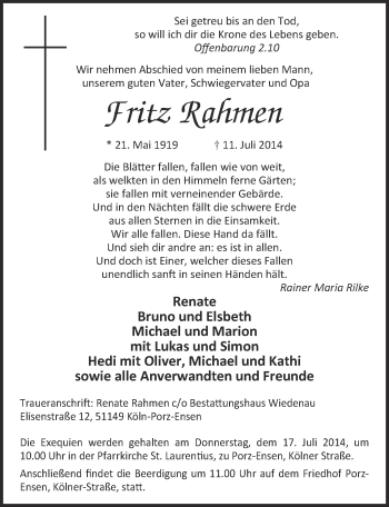Anzeige von Fritz Rahmen von  Kölner Wochenspiegel 