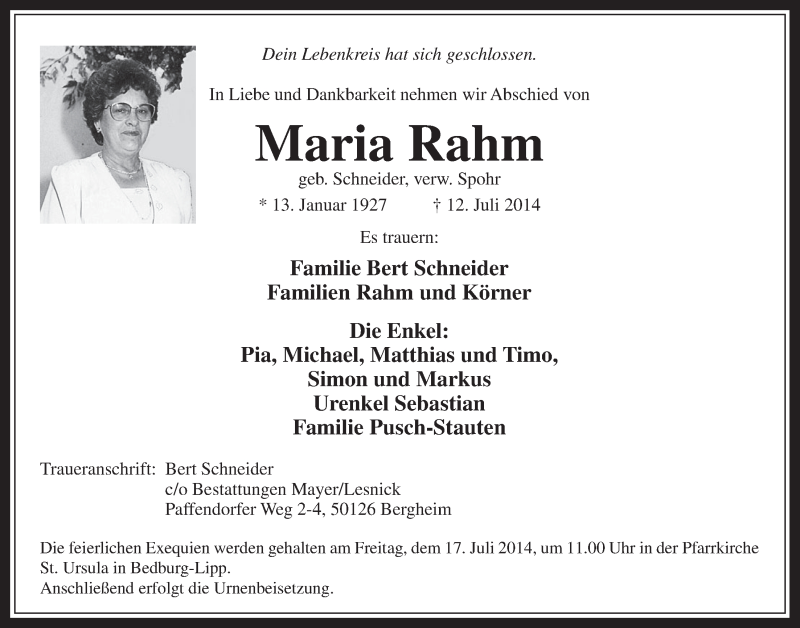 Traueranzeige für Maria Rahm vom 16.07.2014 aus  Werbepost 