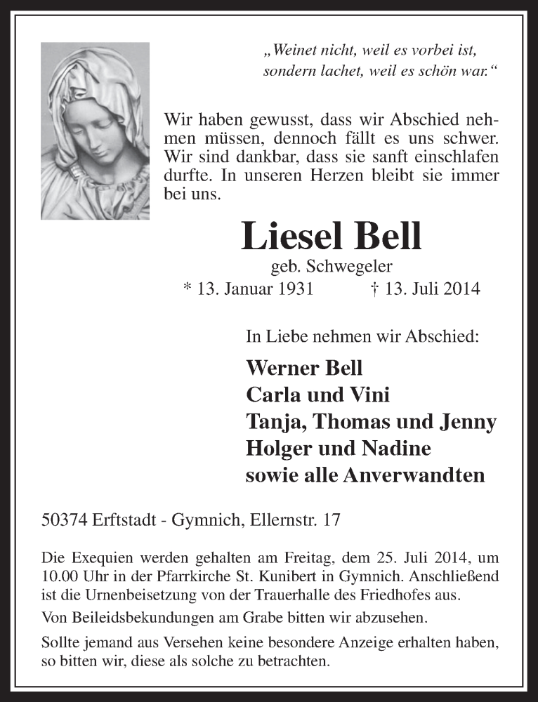  Traueranzeige für Liesel Bell vom 23.07.2014 aus  Werbepost 