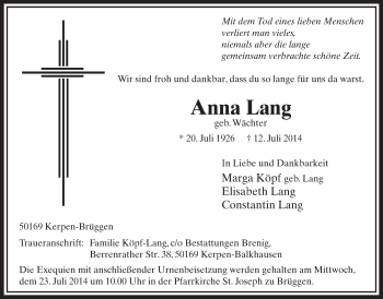 Anzeige von Anna Lang von  Sonntags-Post 