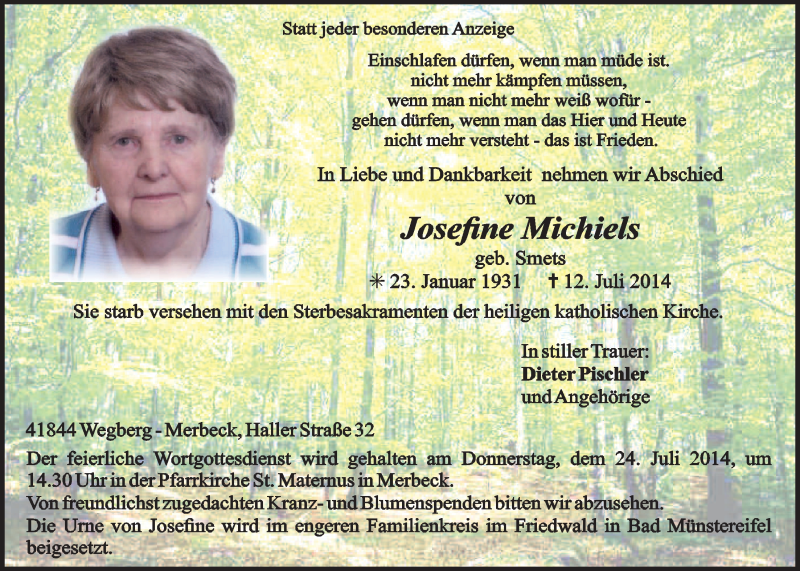  Traueranzeige für Josefine Michiels vom 20.07.2014 aus  Blickpunkt Euskirchen 