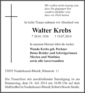 Anzeige von Walter Krebs von  Extra Blatt 
