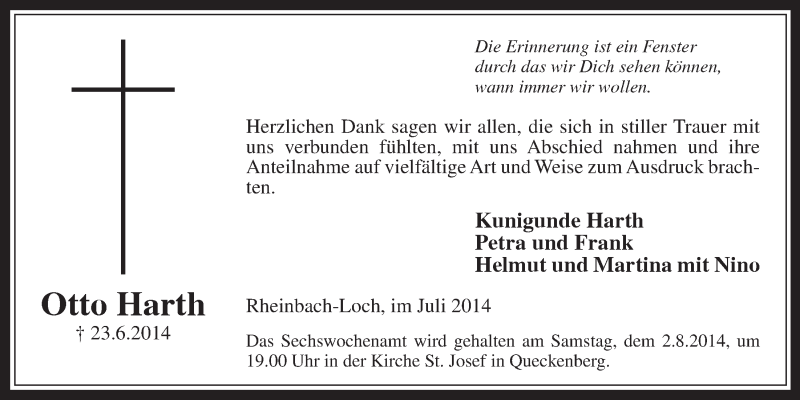  Traueranzeige für Otto Harth vom 30.07.2014 aus  Schaufenster/Blickpunkt 