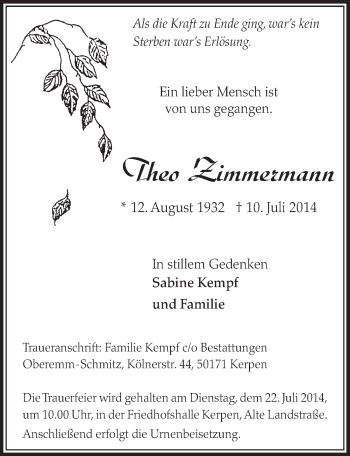 Anzeige von Theo Zimmermann von  Sonntags-Post 