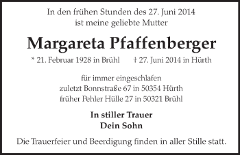 Anzeige von Margareta Pfaffenberger von  Wochenende  Schlossbote/Werbekurier 