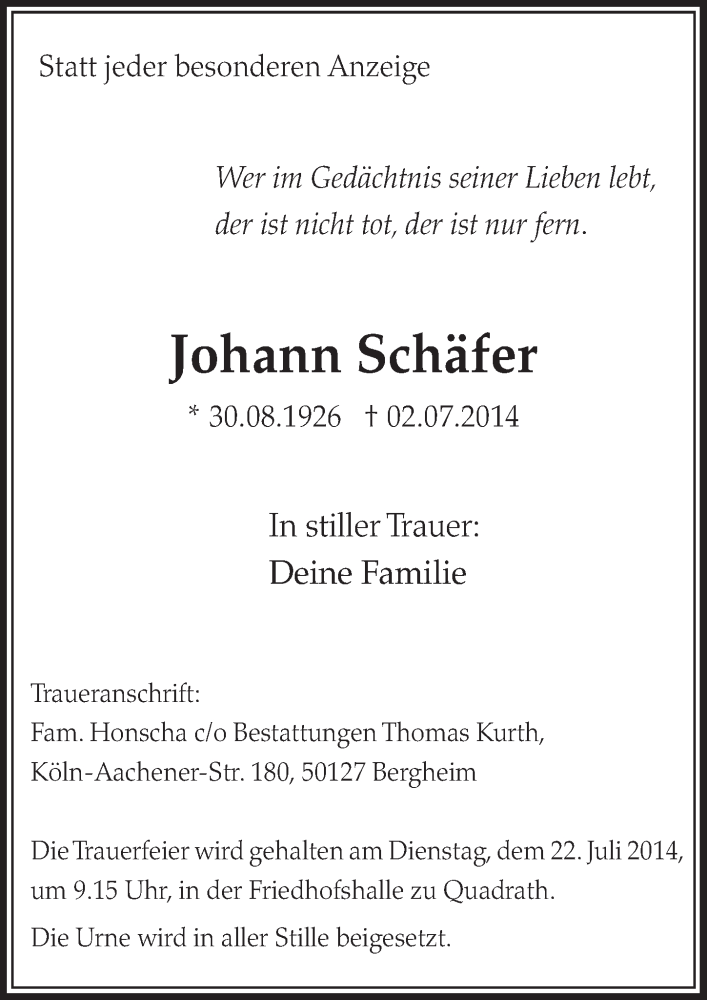  Traueranzeige für Johann Schäfer vom 19.07.2014 aus  Sonntags-Post 