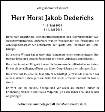 Anzeige von Horst Jakob Dederichs von  Extra Blatt 