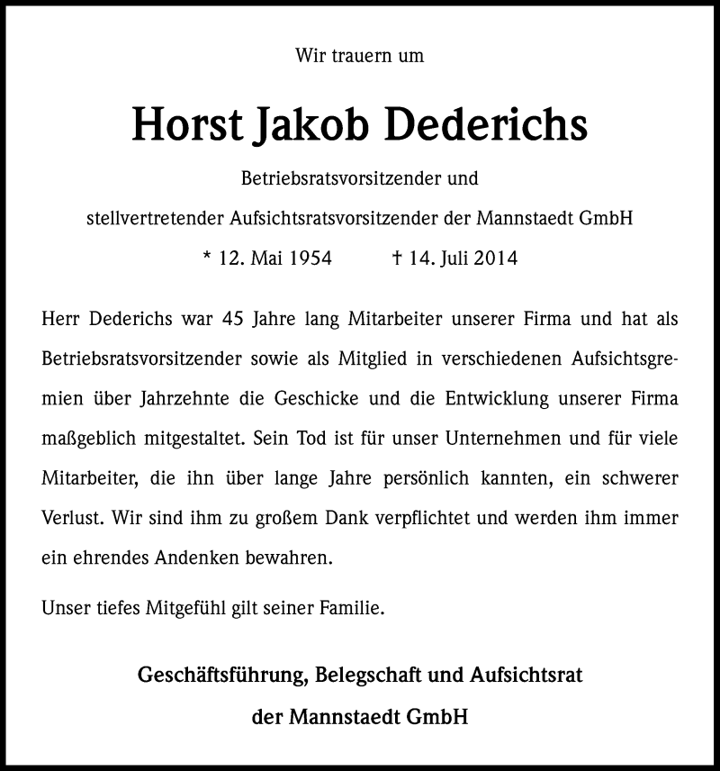  Traueranzeige für Horst Jakob Dederichs vom 23.07.2014 aus  Extra Blatt 