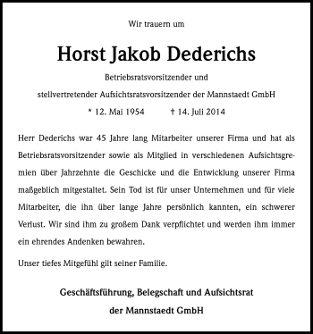 Anzeige von Horst Jakob Dederichs von  Extra Blatt 